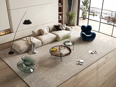 Modern Beige Sofa Coffee Table Combination with Blue Accent Chair Floor Lamp and Area Rug 3d model