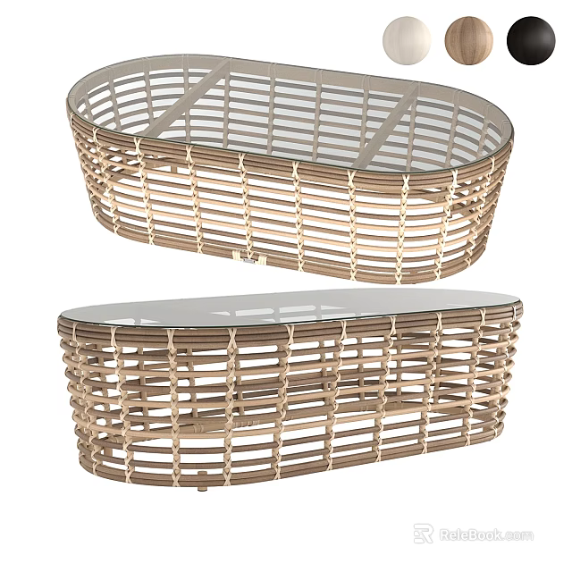 Modern Rattan Coffee Table with Glass Top and Oval Shape Design 3d model 