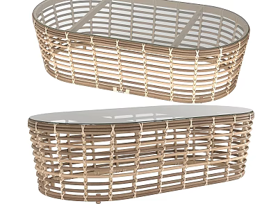 Modern Rattan Coffee Table with Glass Top and Oval Shape Design 3d model