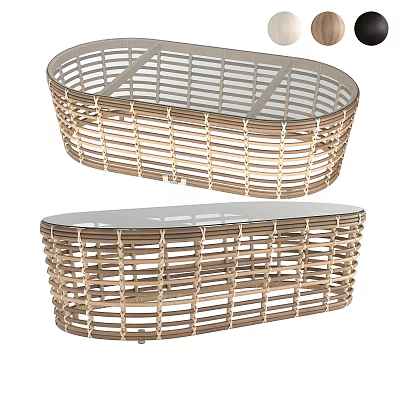 Modern Rattan Coffee Table with Glass Top and Oval Shape Design 3d model