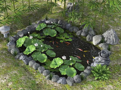Peaceful Water Fountain With Stone Edges Lotus Leaves Koi Fish And Green Bamboo 3d model
