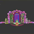 Decorative Pink Arch With Balloons Bow Roses Cake Little Girl And Pony Dolls
