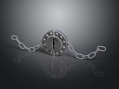 Metal Lock With Circular Dial And Shiny Chain Links On Gray Reflective Background 3d model