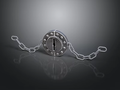 Metal Lock With Circular Dial And Shiny Chain Links On Gray Reflective Background 3d model