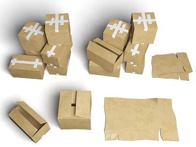Various Cardboard Boxes And Flat Sheets Stacked Open And Unfolded On White Background 3d model