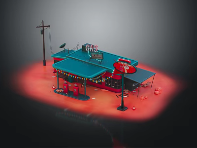 Cartoon Gas Station With Red Building Blue Roof Gas Pumps Street Lamp And Tires 3d model