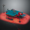 Cartoon Gas Station With Red Building Blue Roof Gas Pumps Street Lamp And Tires