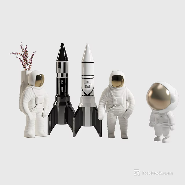 Astronaut Dolls With Rocket Models And Purple Flowers For Decorative 3d model 