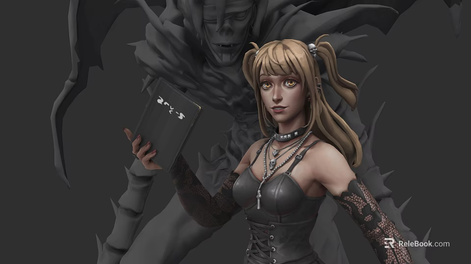Blonde Pigtailed Game Movie Character In Black Leather Outfit Holding Black Book With Demon Shadow 3d model 