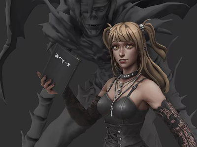 Blonde Pigtailed Game Movie Character In Black Leather Outfit Holding Black Book With Demon Shadow 3d model