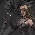 Blonde Pigtailed Game Movie Character In Black Leather Outfit Holding Black Book With Demon Shadow