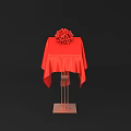 Red Tablecloths With Flower Arrangements On Metal Stands Against Black Background