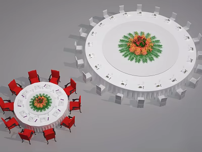 Round Dining Table Set With Red Chairs And Floral Centerpiece On White Tabletop 3d model