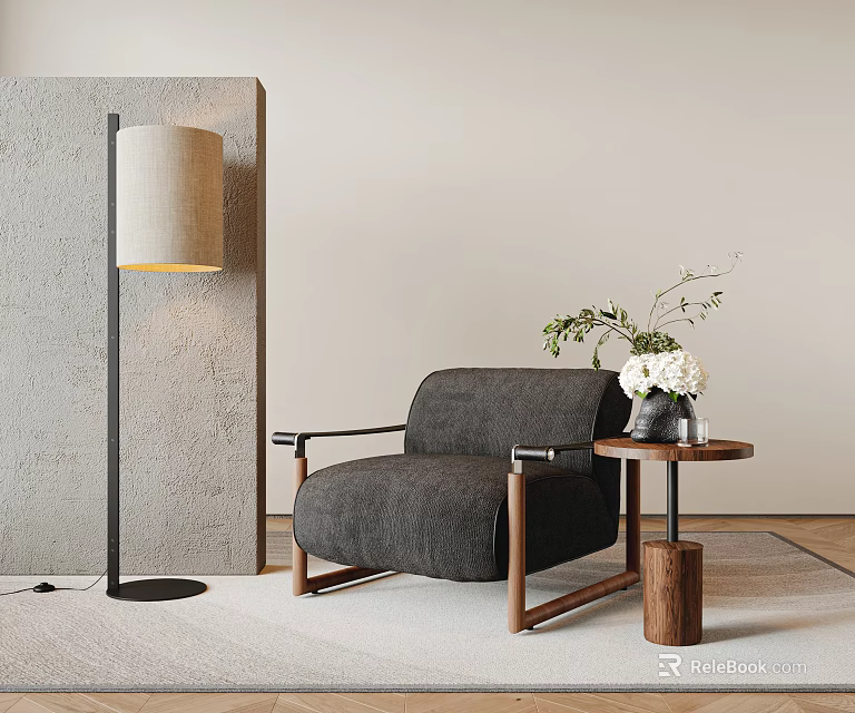 Gray Single Sofa with Wooden Legs Small Side Table White Flowers Green Plants Floor Lamp 3d model 