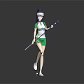 3D Female Character In Green White Sportswear With Golf Club And Ball On Gray Background
