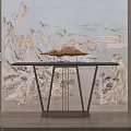 Chinese Console Table with Landscape Painting Backdrop and Decorative Sculpture 3d model
