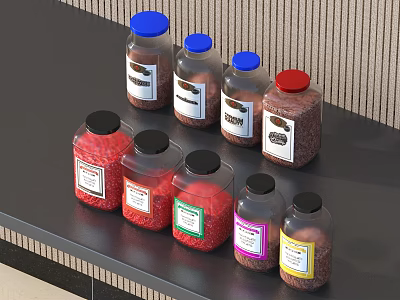 Ceramic Vessels Featuring Blue Red Black Lids And Red Purple Brown Granules On Gray Countertop 3d model