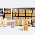 Various Metal Frame Display Shelves With Stacked Cardboard Boxes And Multiple Layers