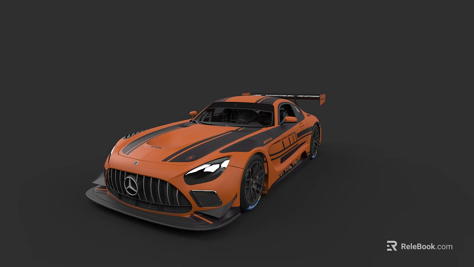 Orange Mercedes-Benz Racing Sports Car With Black Stripes And Rear Spoiler 3d model 