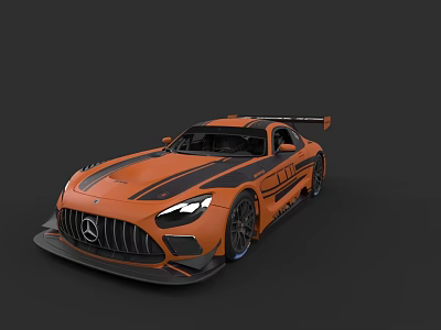 Orange Mercedes-Benz Racing Sports Car With Black Stripes And Rear Spoiler 3d model