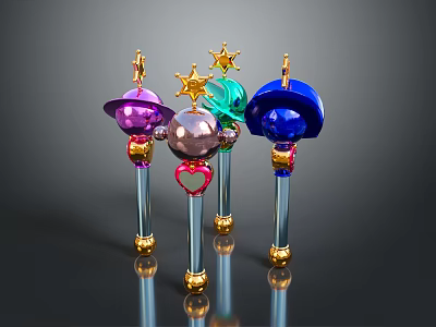 Colorful Magic Wands with Star Heart and Dome Shaped Tops Golden Bases Transparent Rods 3d model