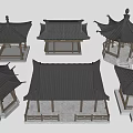 Chinese Traditional Pavilion Models With Various Roof Styles And Wooden Structures