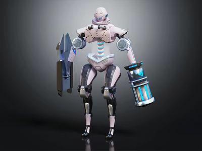 Futuristic Pink And White Robot With Blue Glowing Elements Holding Shield And Device 3d model