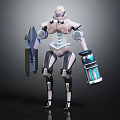 Futuristic Pink And White Robot With Blue Glowing Elements Holding Shield And Device