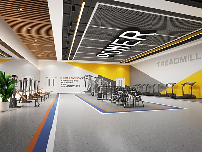Modern Fitness Gym Interior With Power Sign Treadmill Wall Yellow White Walls And Various Workout Equipment 3d model