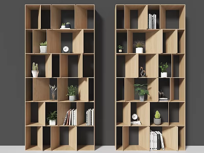 Modern Wooden Bookcase With Open Compartments Books Potted Plants And Decorative Items 3d model