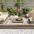Outdoor Sofa with Rattan Chairs Coffee Tables Green Plants and Pink Flowers on Wooden Floor