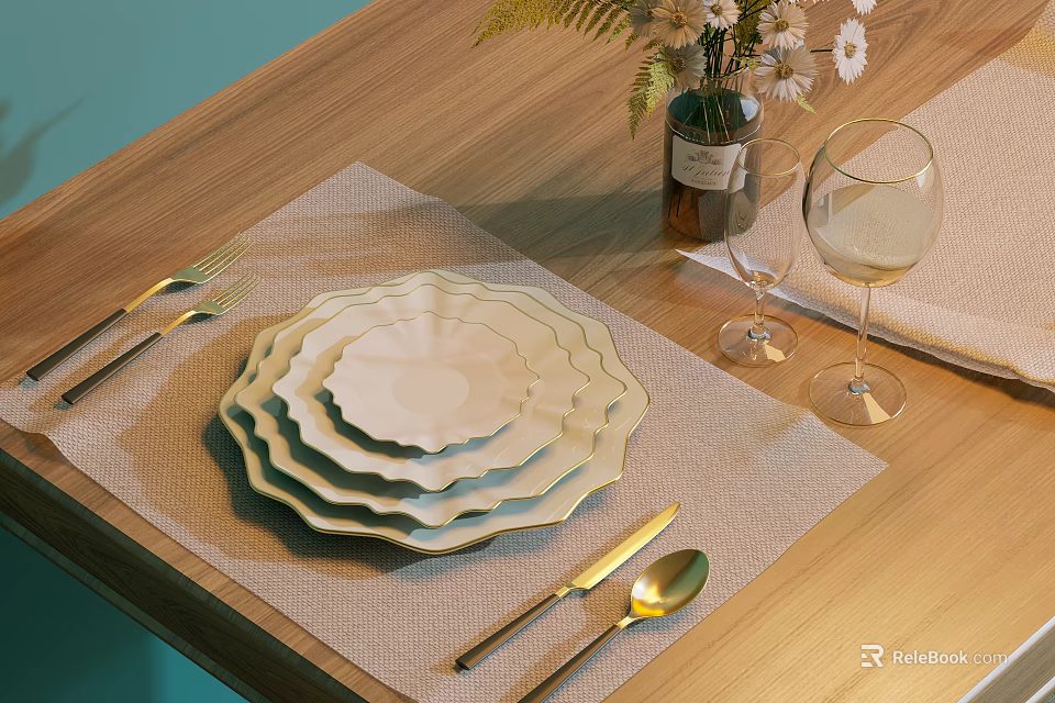White Scalloped Dinnerware Set with Stacked Plates Cutlery Wine Glasses Linen Placemat on Wooden Table 3d model 