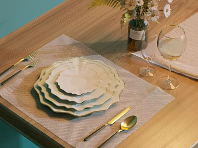 White Scalloped Dinnerware Set with Stacked Plates Cutlery Wine Glasses Linen Placemat on Wooden Table 3d model