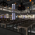 Industrial Bar Interior With Long Wooden Tables Hanging Chandeliers And Seating