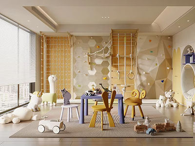 Kids Playroom Interior With Climbing Frame Swing Stuffed Toys Colorful Chairs And Building Blocks 3d model