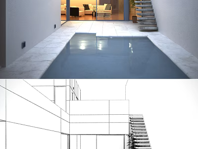 Modern Garden Landscape Design With Reflecting Pool Stone Staircase And Indoor Outdoor Connection 3d model
