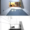 Modern Garden Landscape Design With Reflecting Pool Stone Staircase And Indoor Outdoor Connection