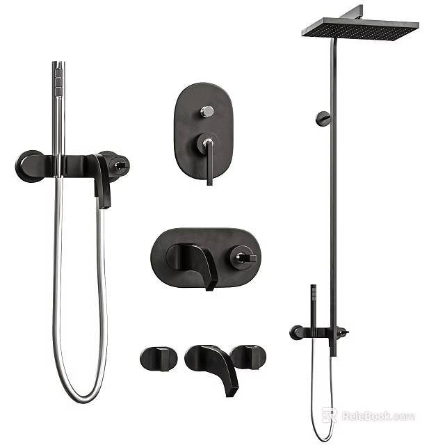 Modern Black Shower Faucet System With Handheld Fixed Heads And Control Knobs 3d model 