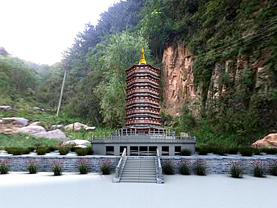 Multi tiered Pagoda with golden spire and stone steps in mountain greenery 3d model