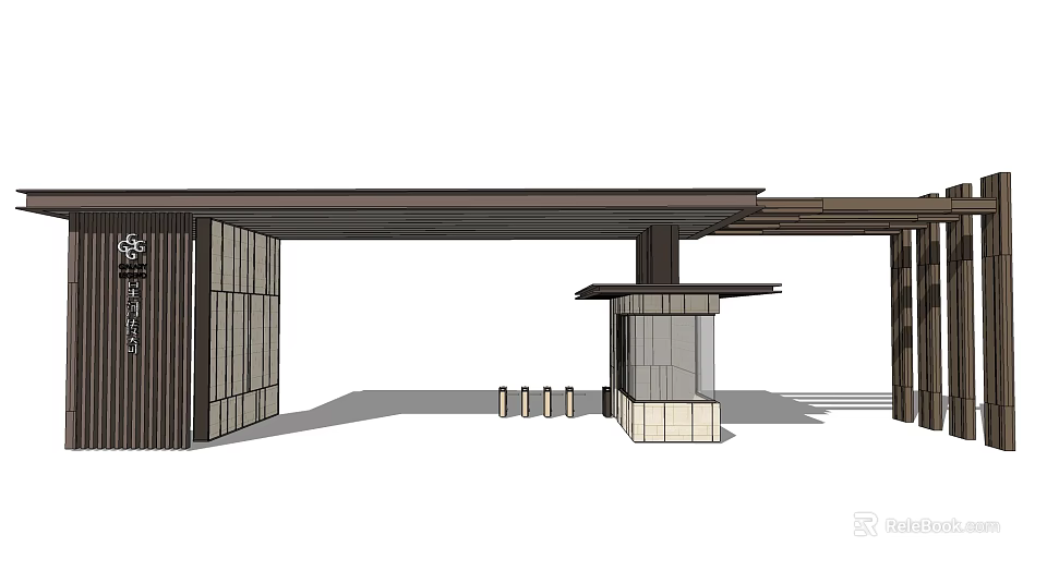 Modern Building Exterior Wall Design Featuring Wooden Panels Glass Structure And Support Columns 3d model 