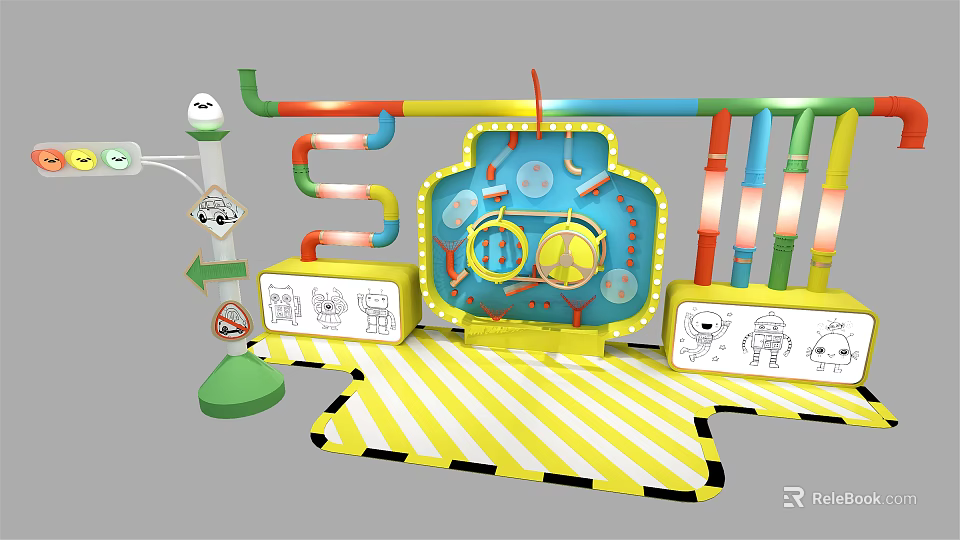 Colorful Interactive Play Structure With Pipes Panel Yellow Black Striped Floor And Cartoons 3d model 