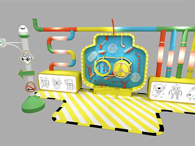 Colorful Interactive Play Structure With Pipes Panel Yellow Black Striped Floor And Cartoons 3d model