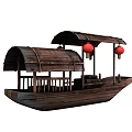 Classic Traditional Chinese Wooden Boat with Roofed Structure and Red Decorative Lanterns