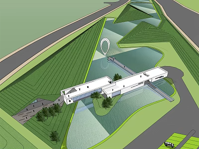 Green Landscape Design Featuring Water Area White Building Pathway And Open Space 3d model