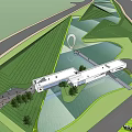 Green Landscape Design Featuring Water Area White Building Pathway And Open Space