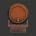 Orange Wooden Wine Barrel with Silver Metal Hoops on Wooden Stand with Legs