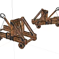 Two Medieval Wooden Catapult Weapons With Wheeled Base And Crossbeam Structure 3d model