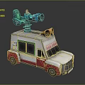 White and Red Ice Cream Truck Exterior With Green Mixer and Yellow Speakers on Top