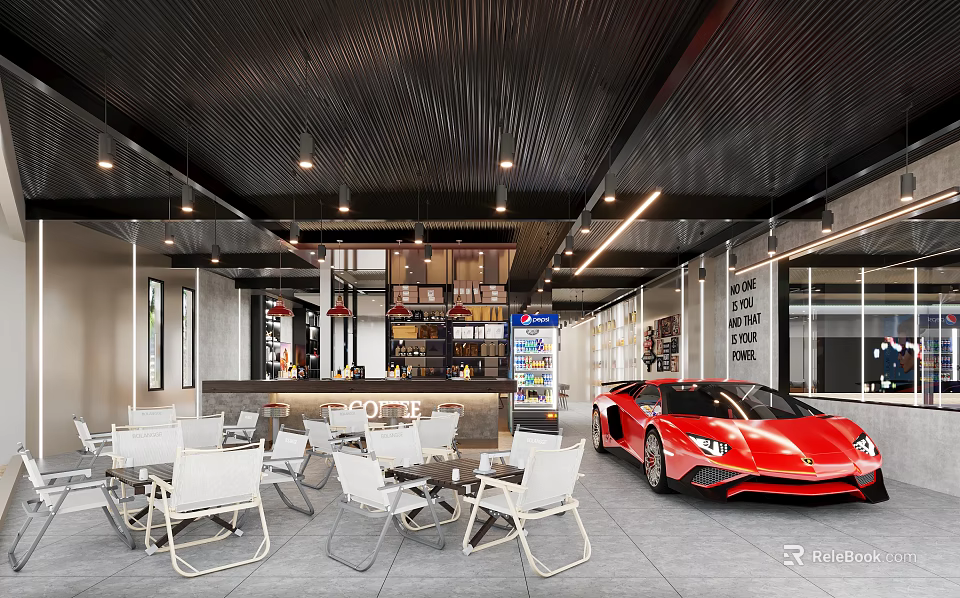 Car Dealership Showroom With Red Sports Car And Modern Seating 3d model 