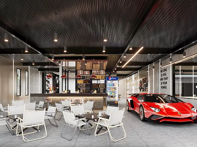 Car Dealership Showroom With Red Sports Car And Modern Seating 3d model